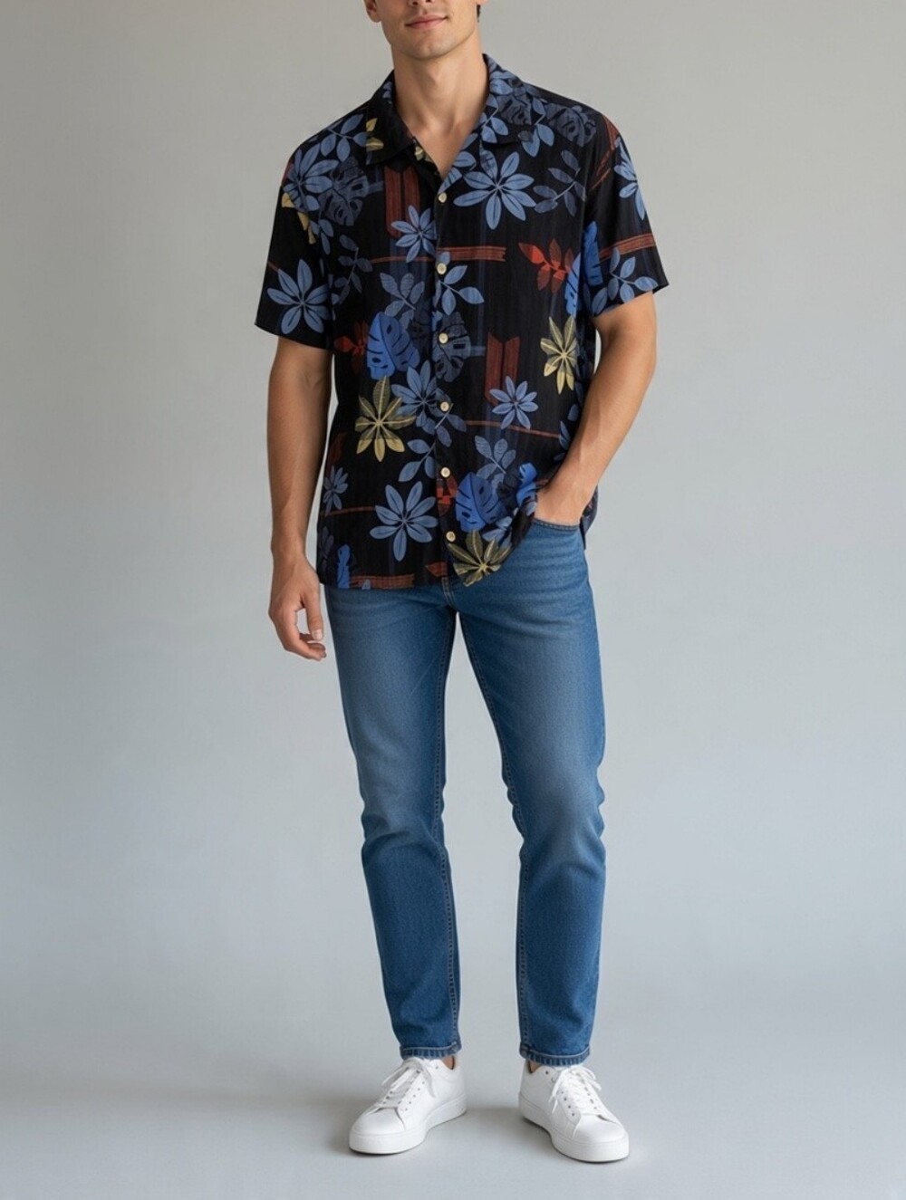 Vintage Enro 100% Silk Black Floral Short-Sleeve Button-Up Shirt Hawaiian Boho